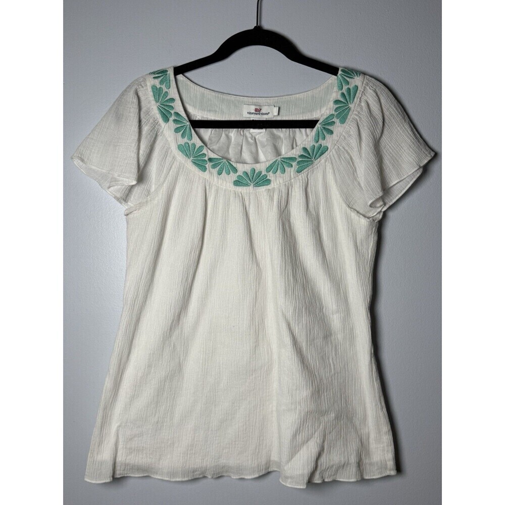 Vineyard Vines Pheasant Cotton Blouse White With Green Embroidery Womens Sz  L